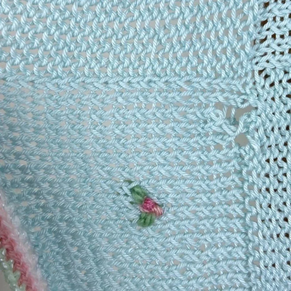 Vintage Blue Crochet Rosebud Handmade Blanket